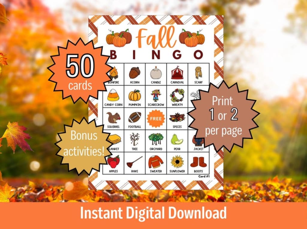 Fall Bingo Printable Game | 50 Unique Autumn Bingo Cards