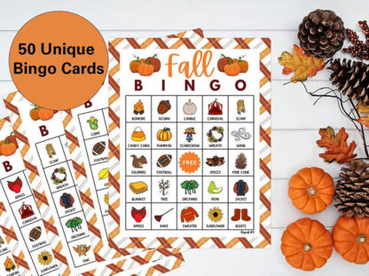 Fall Bingo Printable Game | 50 Unique Autumn Bingo Cards