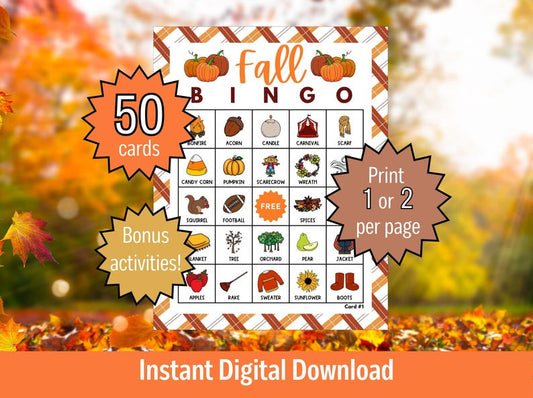 Fall Bingo Printable Game | 50 Unique Autumn Bingo Cards