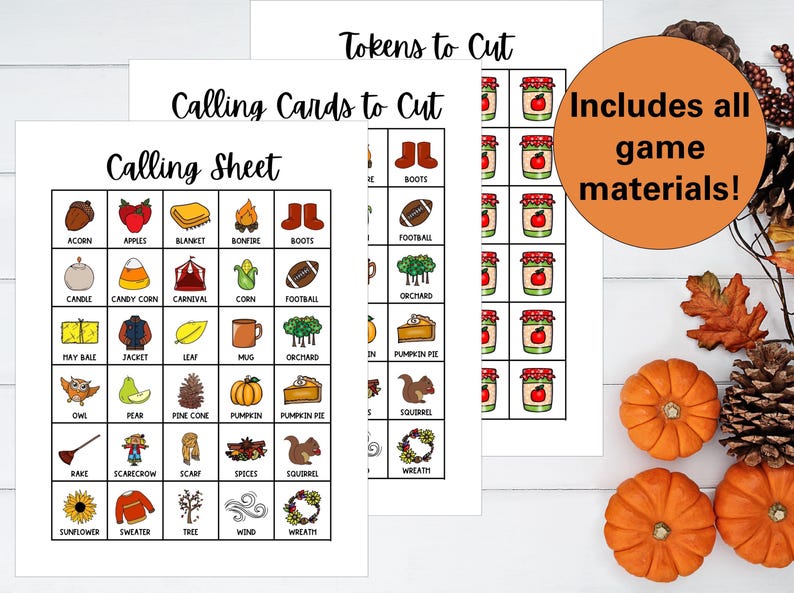 Fall Bingo Printable Game | 50 Unique Autumn Bingo Cards