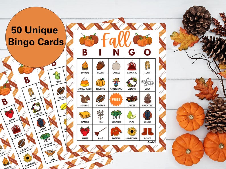 Fall Bingo Printable Game | 50 Unique Autumn Bingo Cards