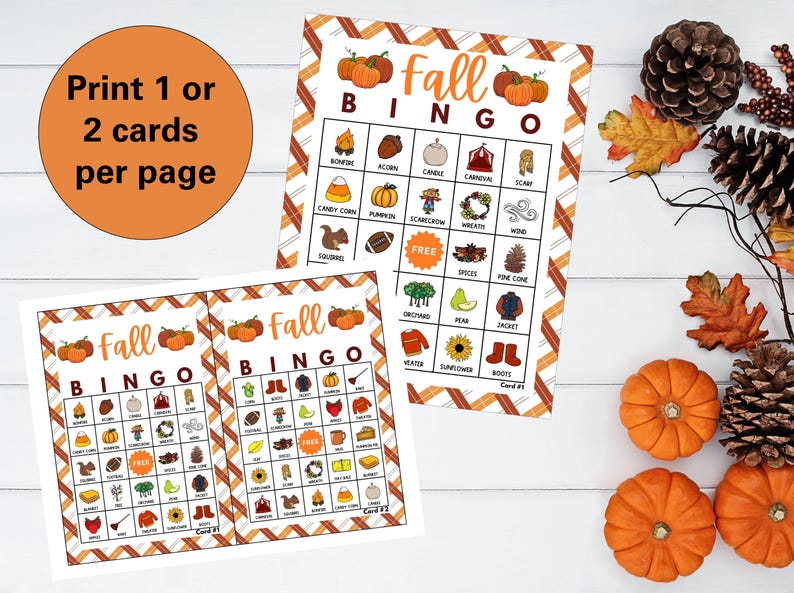 Fall Bingo Printable Game | 50 Unique Autumn Bingo Cards
